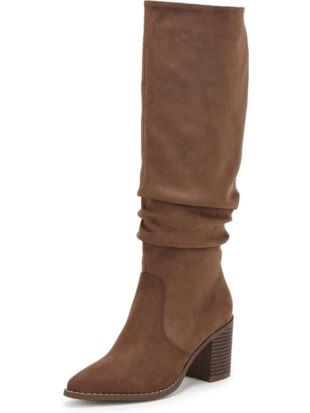 Women's Coffee Pointed Toe Mid Chunky Heel Side Zipper Over The Knee Boots